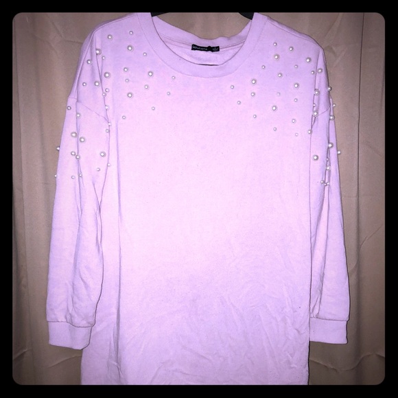 pink sweater dress with pearls